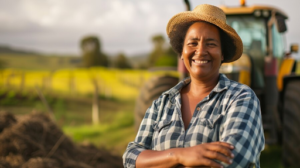 Mulher trabalhadora rural com chapéu de palha e camisa xadrez, sorrindo em meio à plantação, representando os trabalhadores do campo.